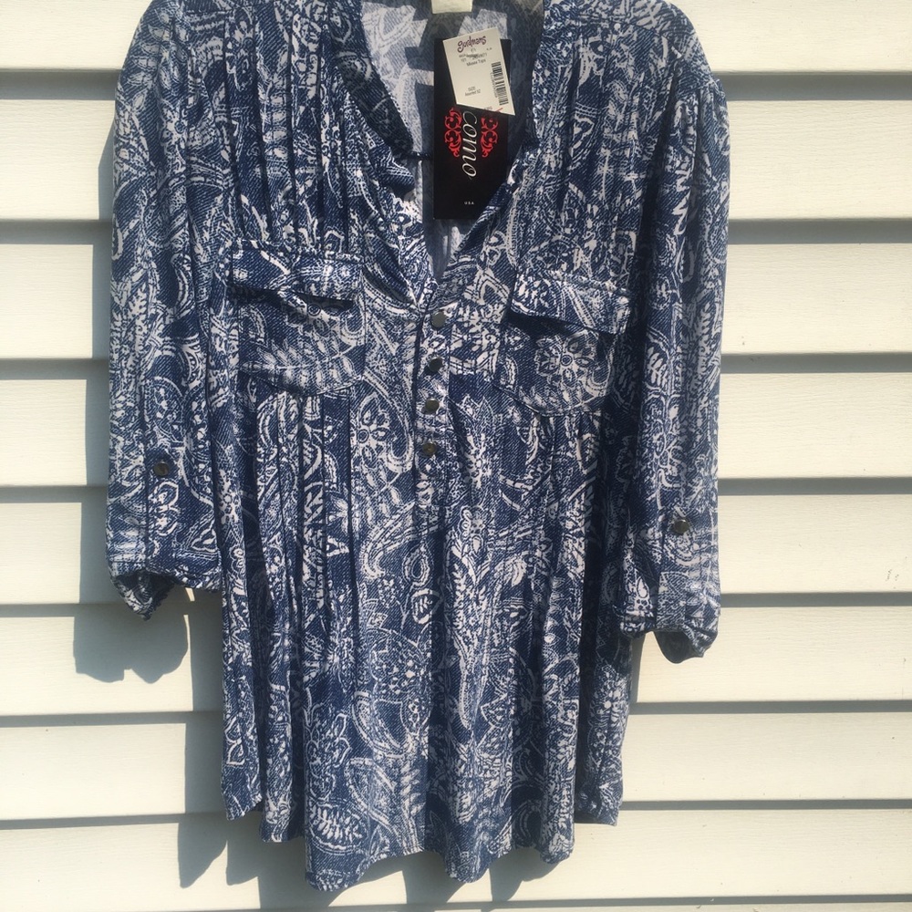 Quarter Sleeve Floral Print Blue/White Blouse